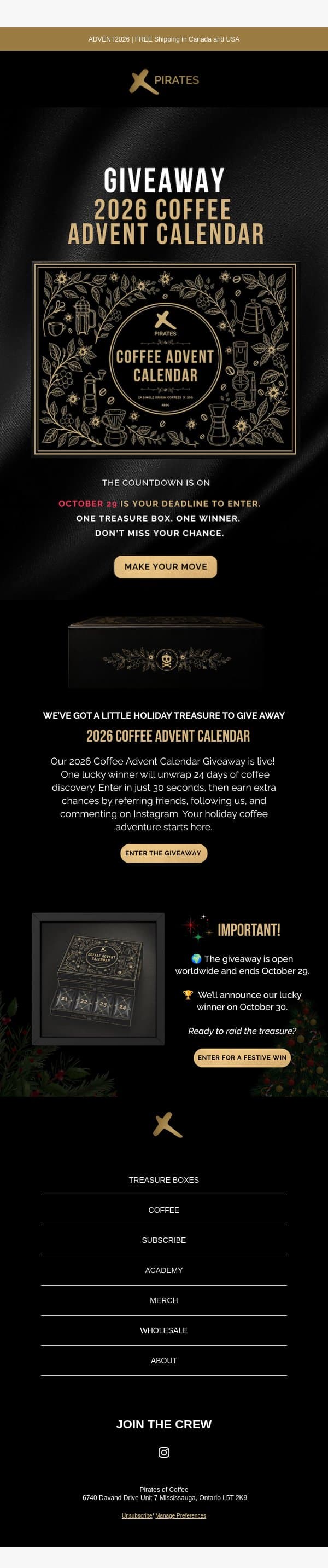 π Join the Advent Coffee Adventure! email from Pirates of Coffee Roastery screenshot