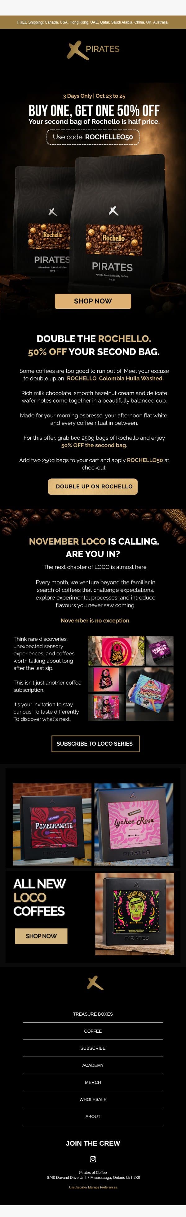 ☕ Double the Rochello. 50% OFF Bag Two! email from Pirates of Coffee Roastery screenshot