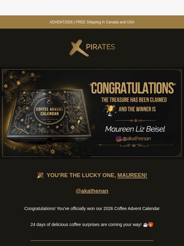 🎉 Cheers to Our 2026 Advent Champion! email from Pirates of Coffee Roastery