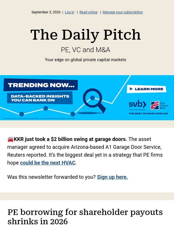 Shrinking PE payouts email from PitchBook