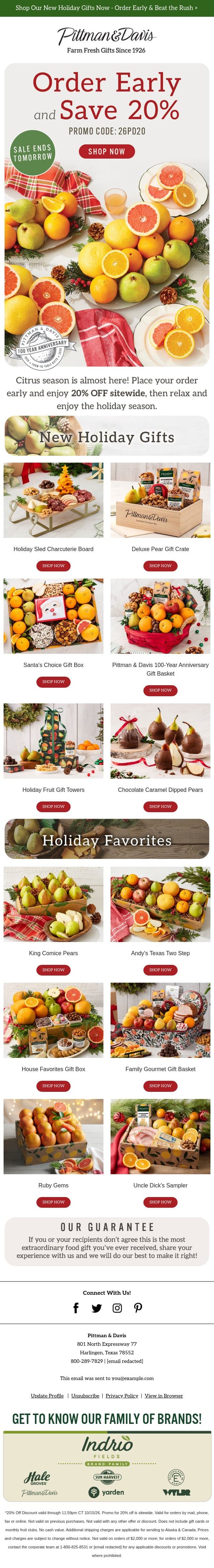 Save 20% OFF SITEWIDE when you Order Early Today! email from Pittman & Davis screenshot