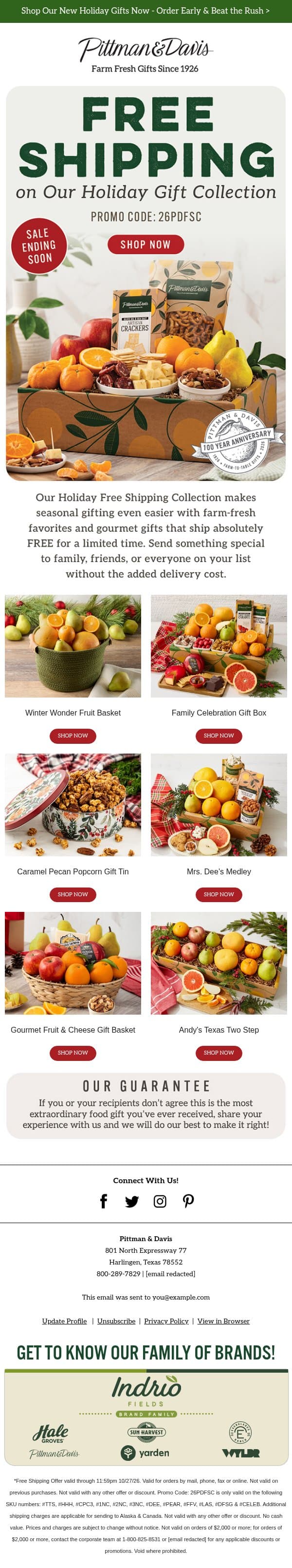 FREE Shipping on our Holiday Gift Collection email from Pittman & Davis screenshot