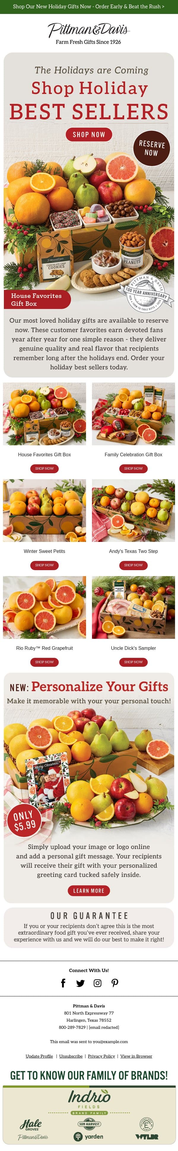 RESERVE NOW π Holiday Best Sellers! email from Pittman & Davis screenshot