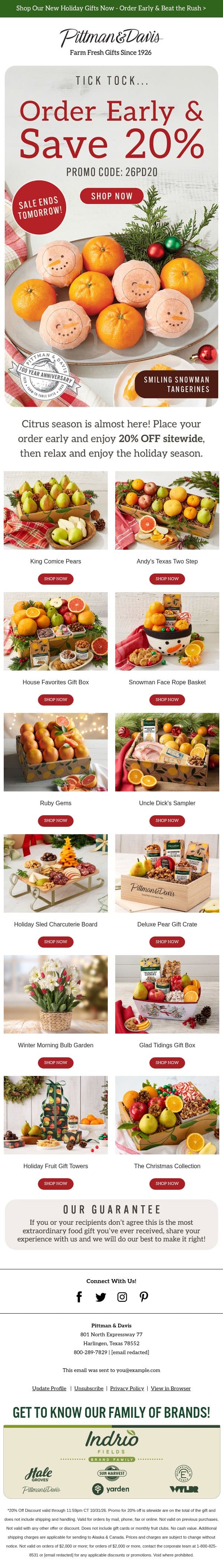 Hurry - 20% OFF SITEWIDE Ends Tomorrow! email from Pittman & Davis screenshot