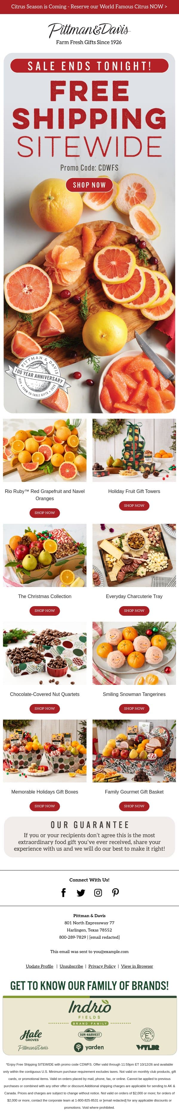 Hurry - FREE Shipping SITEWIDE Ends Tonight email from Pittman & Davis screenshot