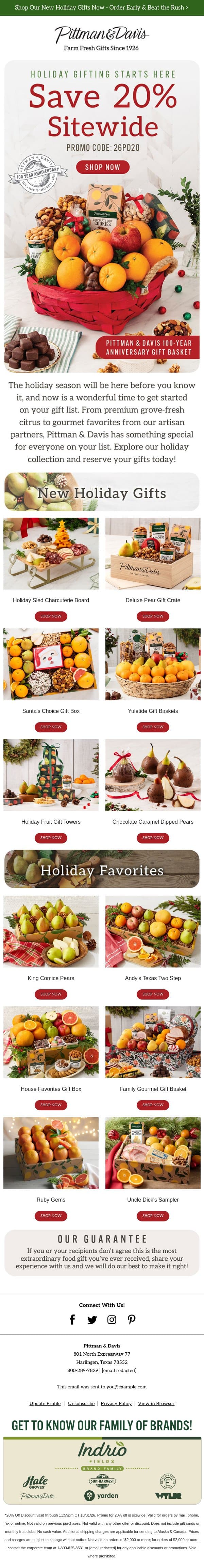 SAVE 20% π Get a Head Start on Holiday Gifting email from Pittman & Davis screenshot