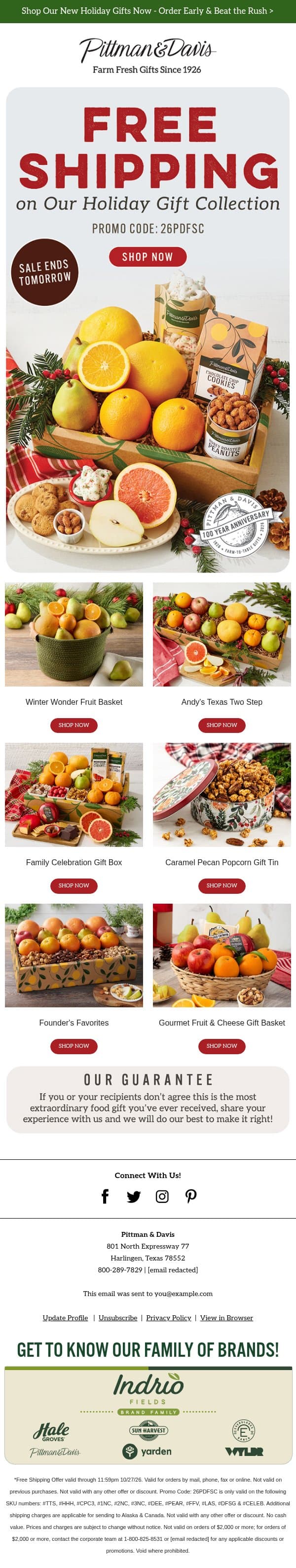 FREE SHIPPING - Only 60 Days Until Christmas email from Pittman & Davis screenshot