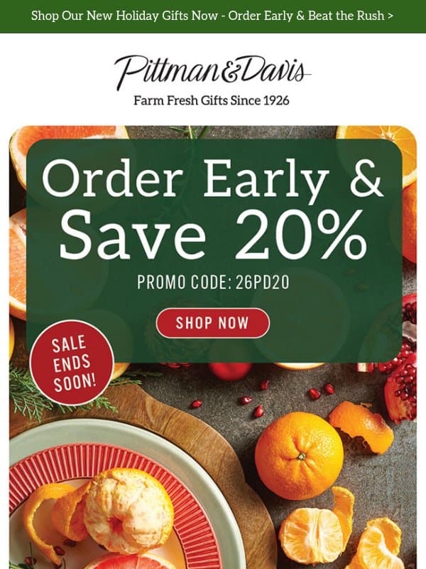 Hurry - Save 20% SITEWIDE email from Pittman & Davis