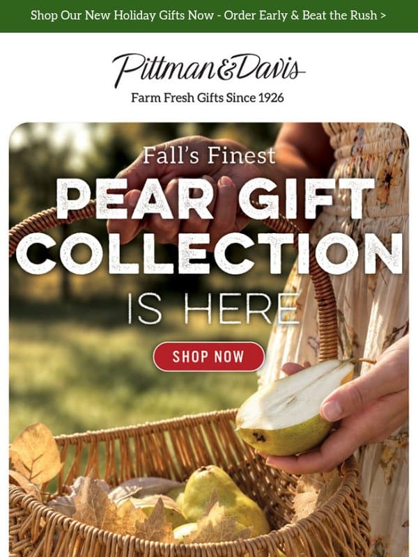 🍂 Fall’s Finest: Our Pear Gift Collection is Here email from Pittman & Davis