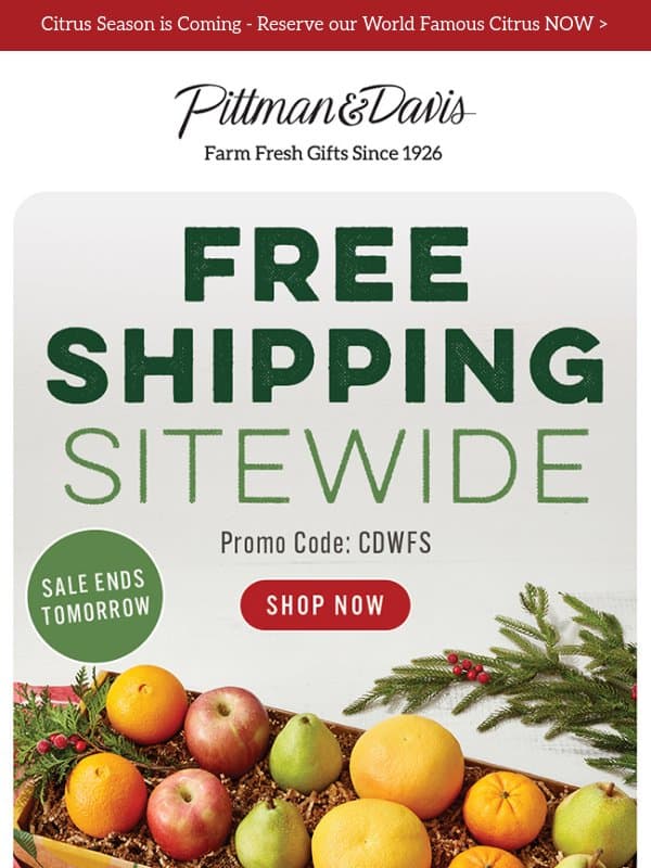 π¨ FREE Shipping ENDS Tomorrow email from Pittman & Davis