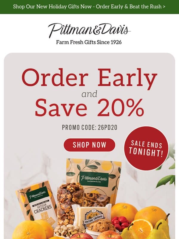 EXPIRING - 20% OFF SITEWIDE Ends Tonight email from Pittman & Davis