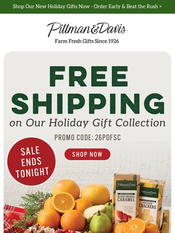 π Final Hours for FREE SHIPPING! email from Pittman & Davis