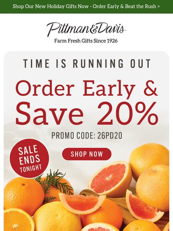 Final Hours for 20% OFF SITEWIDE email from Pittman & Davis