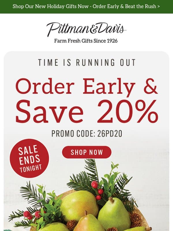 EXPIRES TONIGHT - 20% Off Sitewide! email from Pittman & Davis