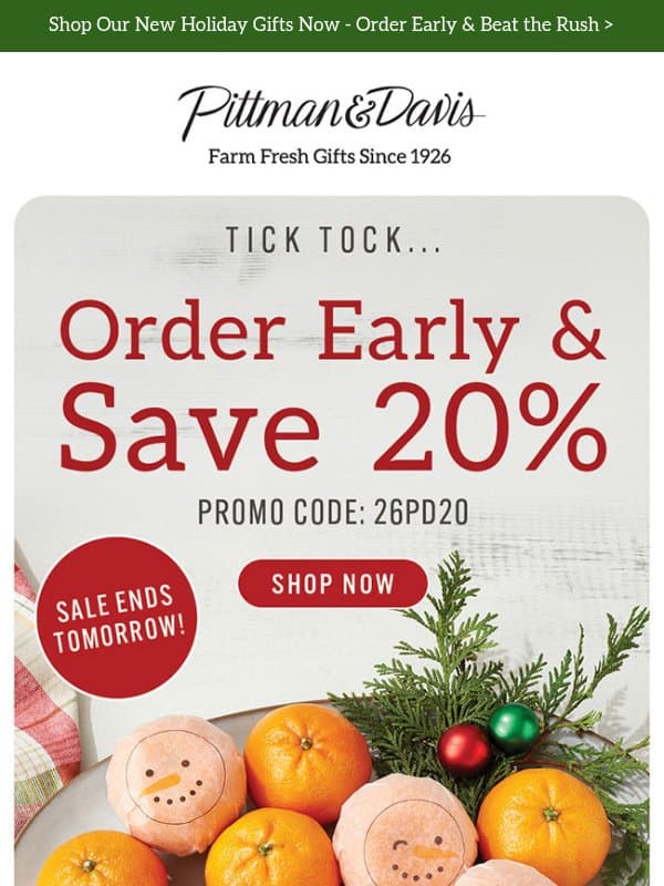 Don't Miss Out - 20% OFF SITEWIDE Ends Tomorrow! email from Pittman & Davis
