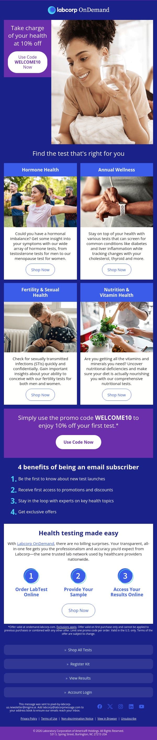 Use your 10% off promo code before it expires! email from Pixel by LabCorp screenshot