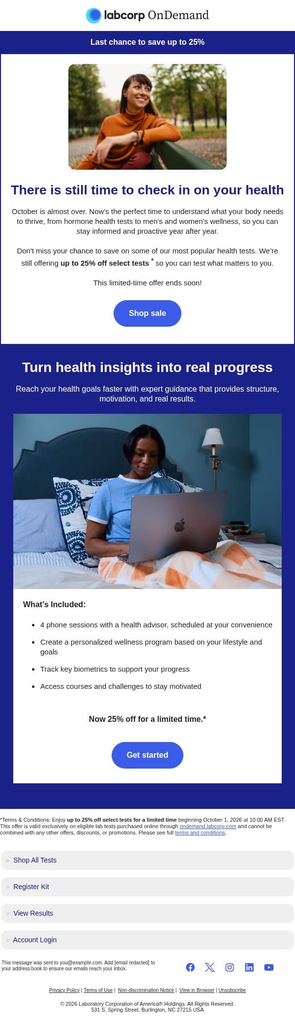 Last chance to save up to 25% this October email from Pixel by LabCorp screenshot
