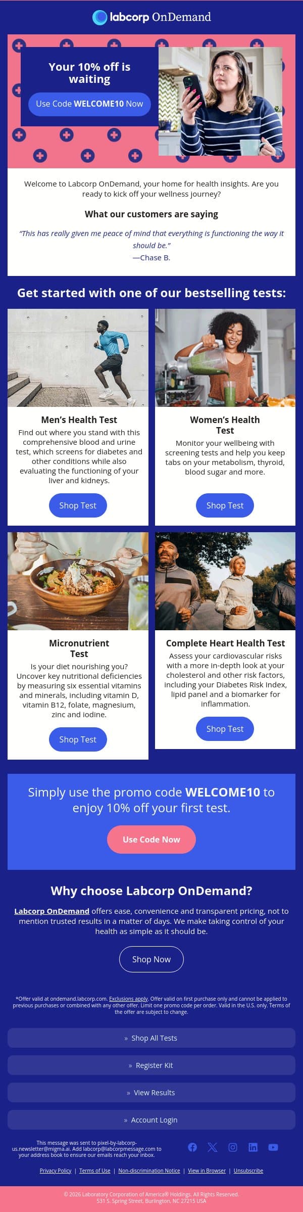 Don’t forget to use your 10% off promo code! email from Pixel by LabCorp screenshot