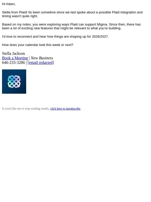 Reconnect, Plaid, intro? email from Plaid