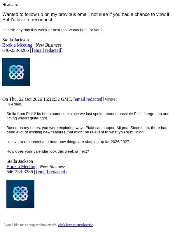 Re: Reconnect, Plaid, intro? email from Plaid