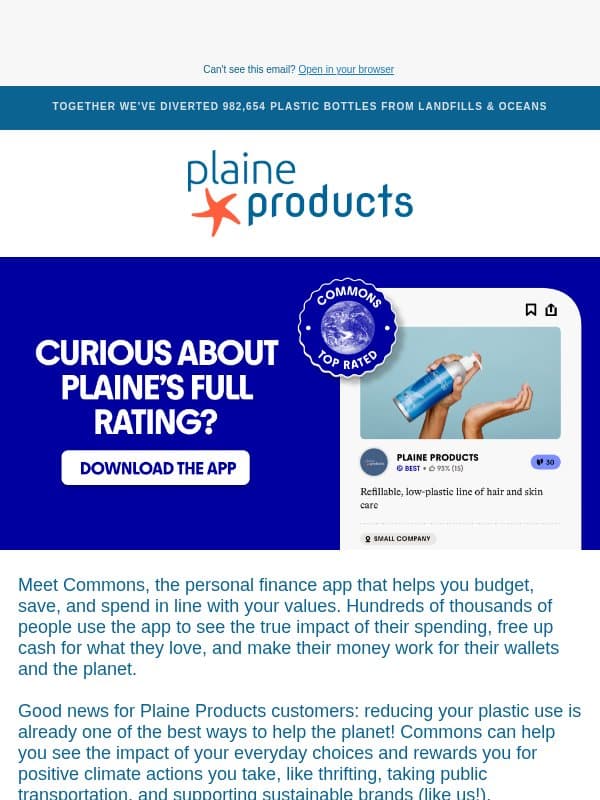 Plaine is Top Rated on Commons! email from Plaine Products