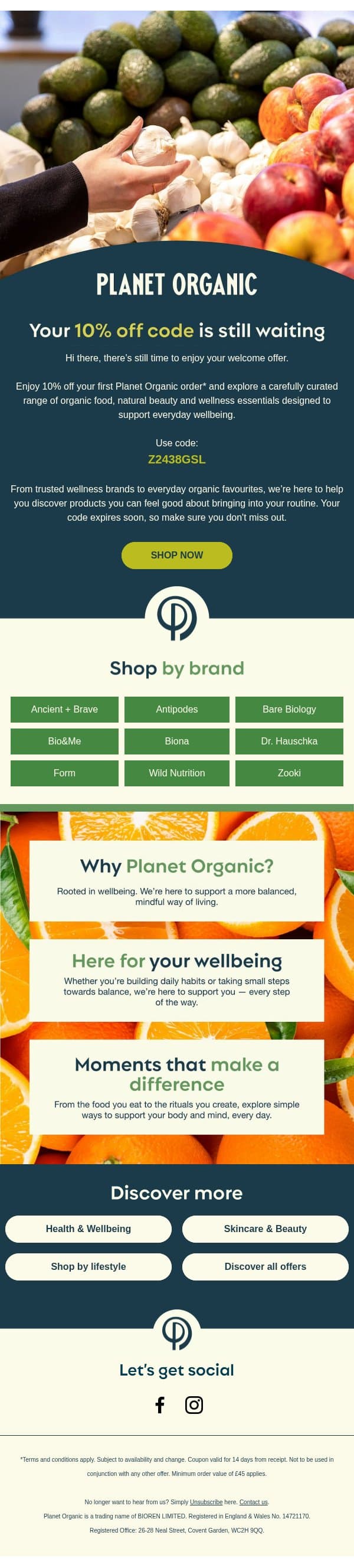 Your welcome offer is waiting email from Planet Organic screenshot