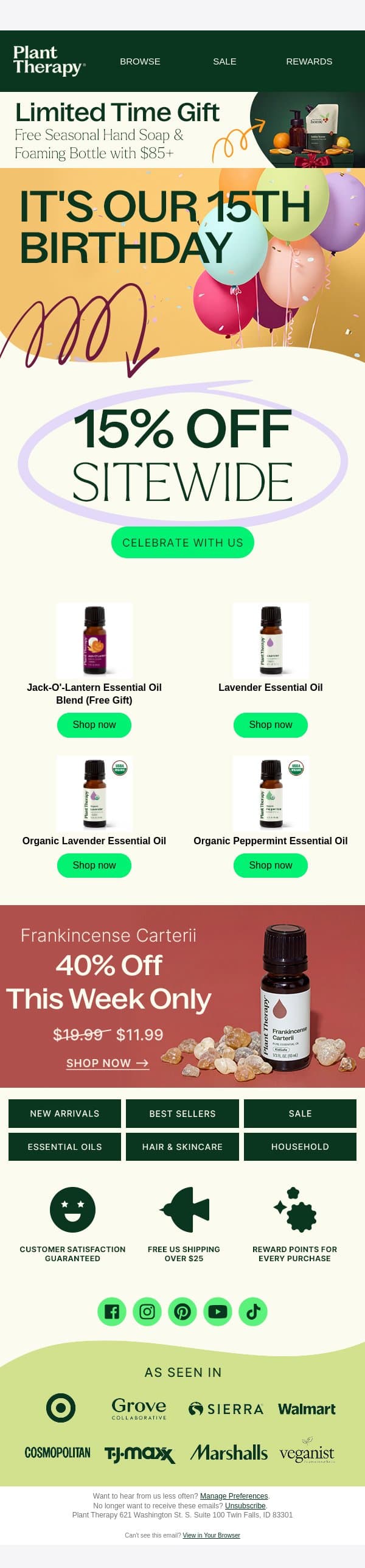 15 Years Calls for 15% Off email from Plant Therapy screenshot