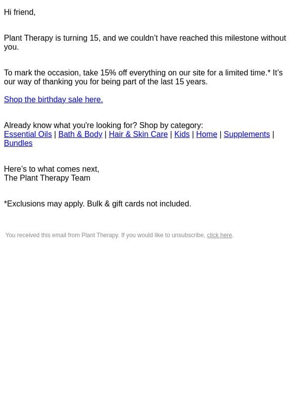 It's Our Birthday! Celebrate With 15% Off email from Plant Therapy screenshot