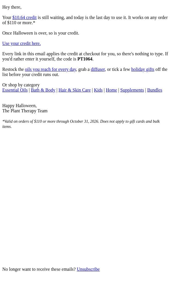 Your $10.64 Credit Is Expiring email from Plant Therapy screenshot