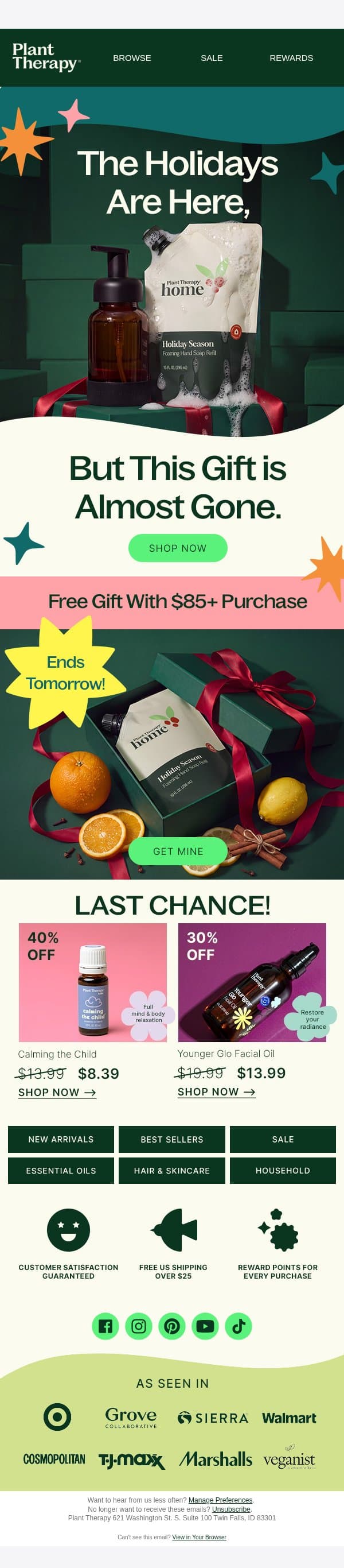 One Day Left For Your Free Holiday Gift email from Plant Therapy screenshot
