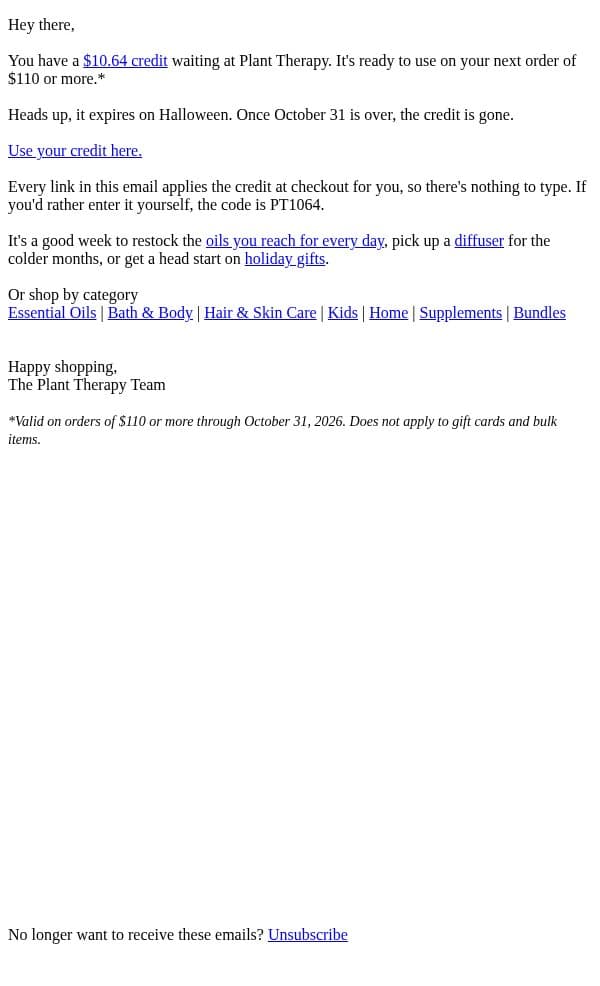 Your $10.64 Credit Is Waiting email from Plant Therapy screenshot
