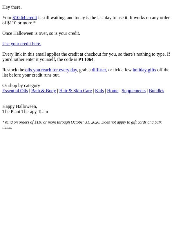 Your $10.64 Credit Is Expiring email from Plant Therapy