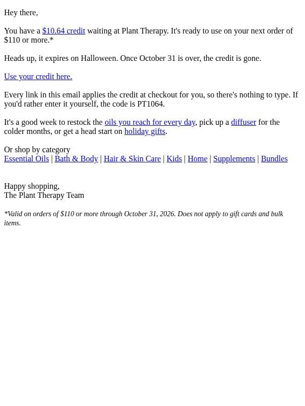 Your $10.64 Credit Is Waiting email from Plant Therapy