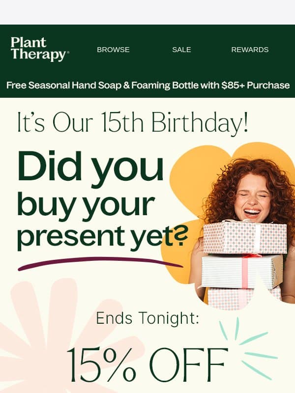 15% Off Ends Tonight! email from Plant Therapy