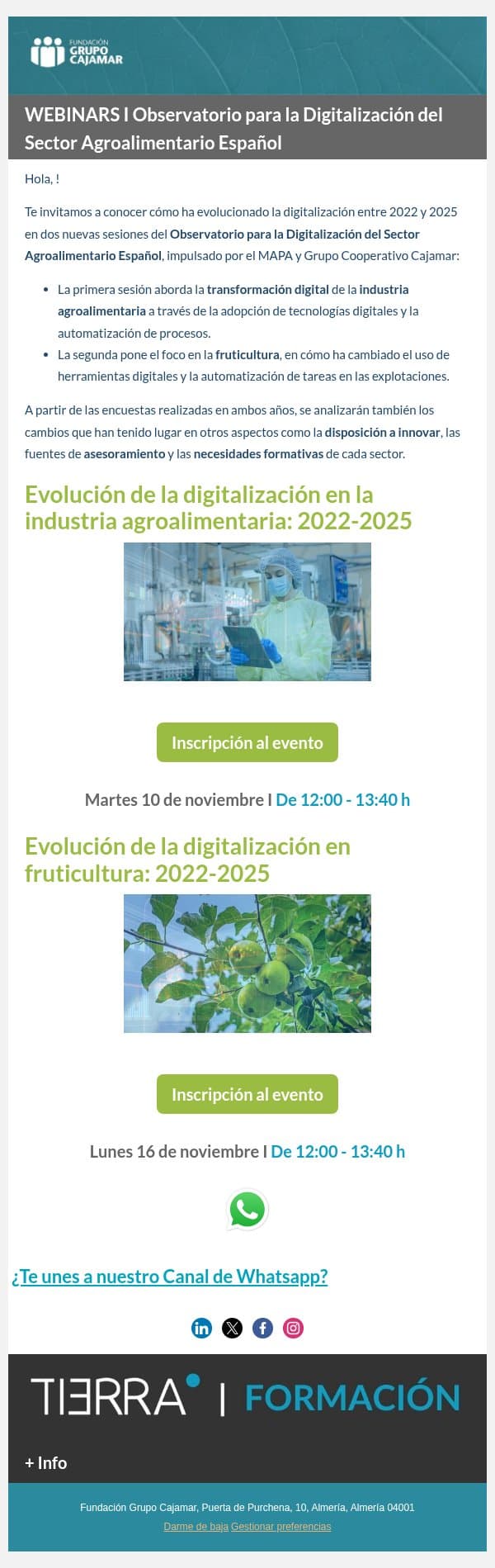 WEBINARS | Observatorio para la Digitalización del Sector Agroalimentario Español email from Plataforma Tierra screenshot