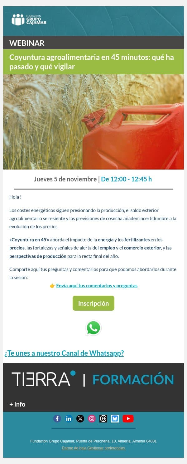 WEBINAR | Coyuntura agroalimentaria en 45 minutos: qué ha pasado y qué vigilar email from Plataforma Tierra screenshot