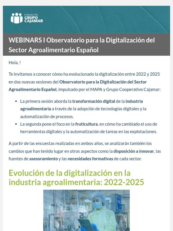 WEBINARS | Observatorio para la Digitalización del Sector Agroalimentario Español email from Plataforma Tierra
