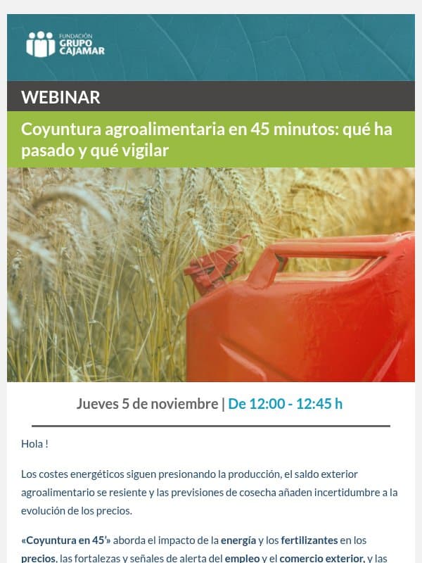 WEBINAR | Coyuntura agroalimentaria en 45 minutos: qué ha pasado y qué vigilar email from Plataforma Tierra