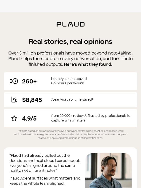 Loved by 3M+ professionals globally. email from Plaud