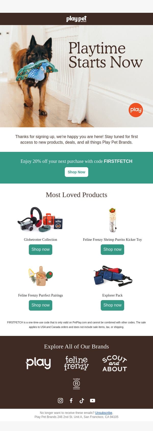 Welcome to the Play Pet Brands! email from P.L.A.Y. Pet Lifestyle screenshot