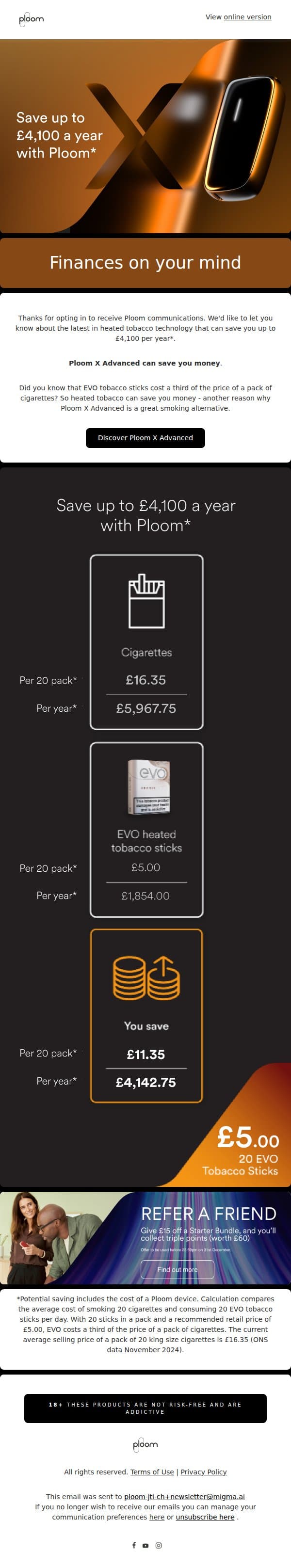 Save up to £4,100 per year email from Ploom (JTI) screenshot