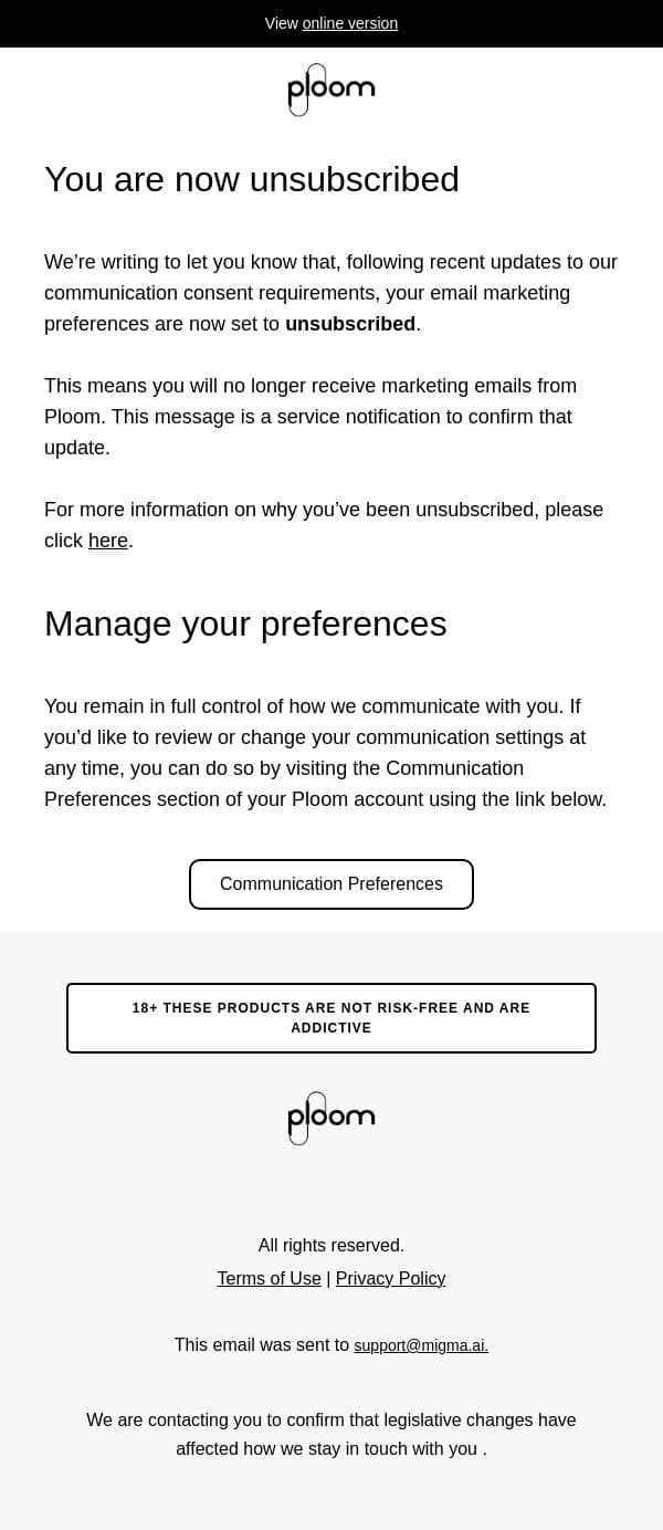 An update on your Ploom Communication preferences email from Ploom (JTI) screenshot