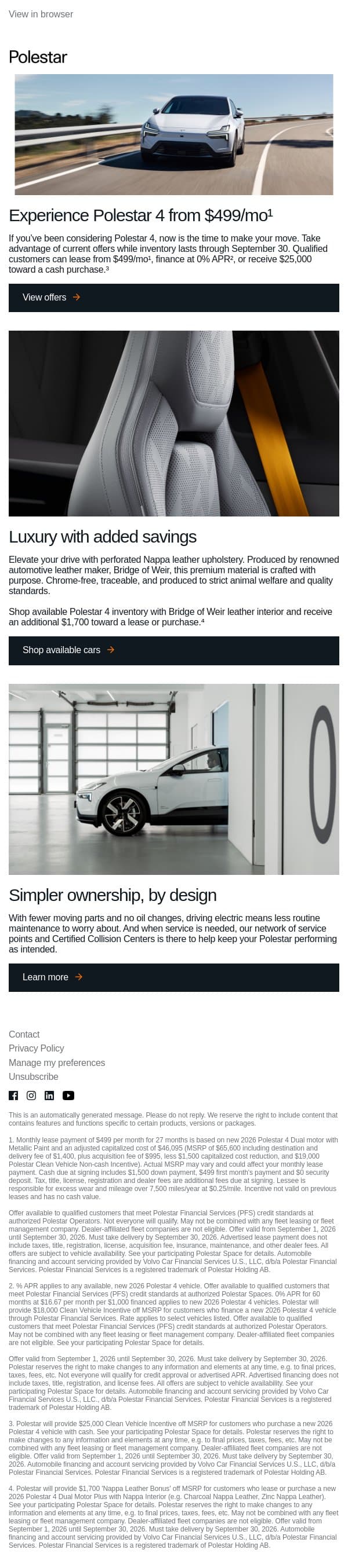 Polestar 4 from $499/mo while inventory lasts email from Polestar screenshot