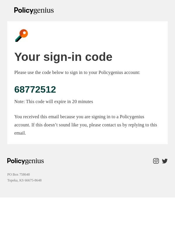 Here’s your Policygenius sign-in code email from Policygenius screenshot
