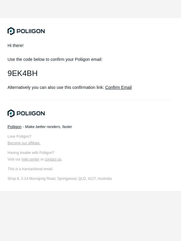 Confirmation code: 9EK4BH email from Poliigon screenshot