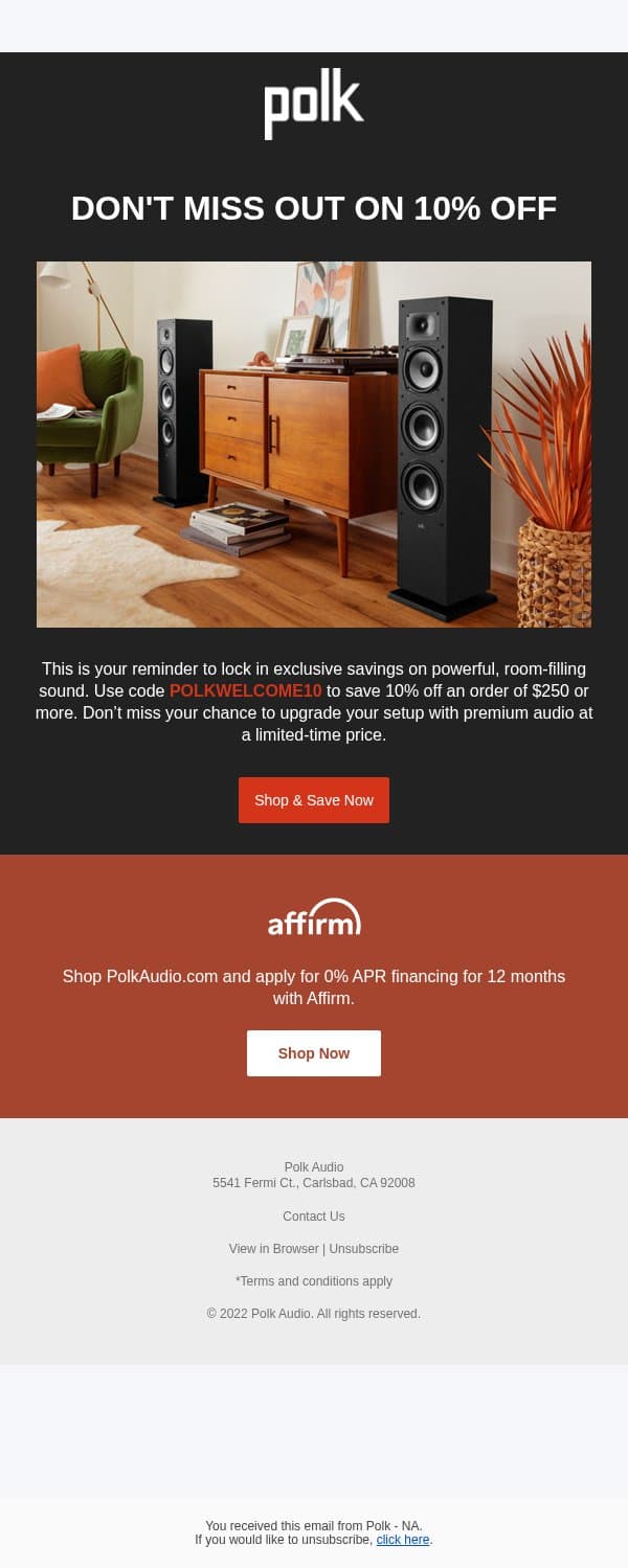 Your 10% discount is waiting email from Polk Audio screenshot