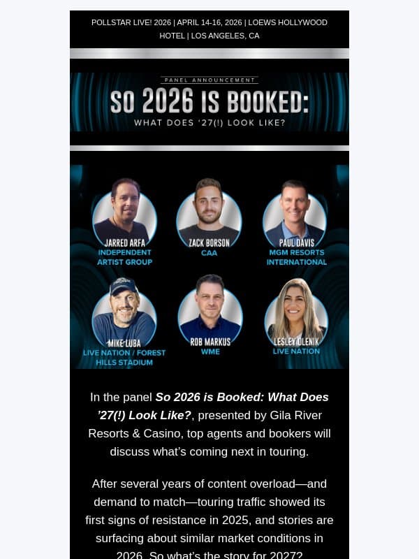Panel Announced! What Will 2027 Booking Look Like? email from Pollstar