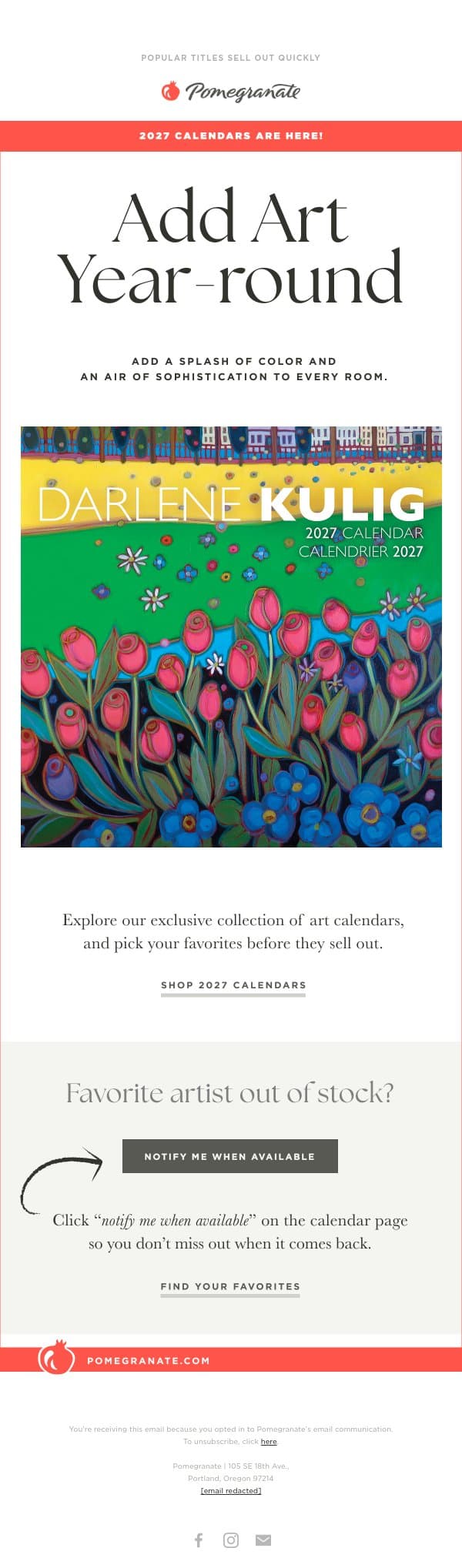 2027 Calendars Are Here! email from Pomegranate screenshot