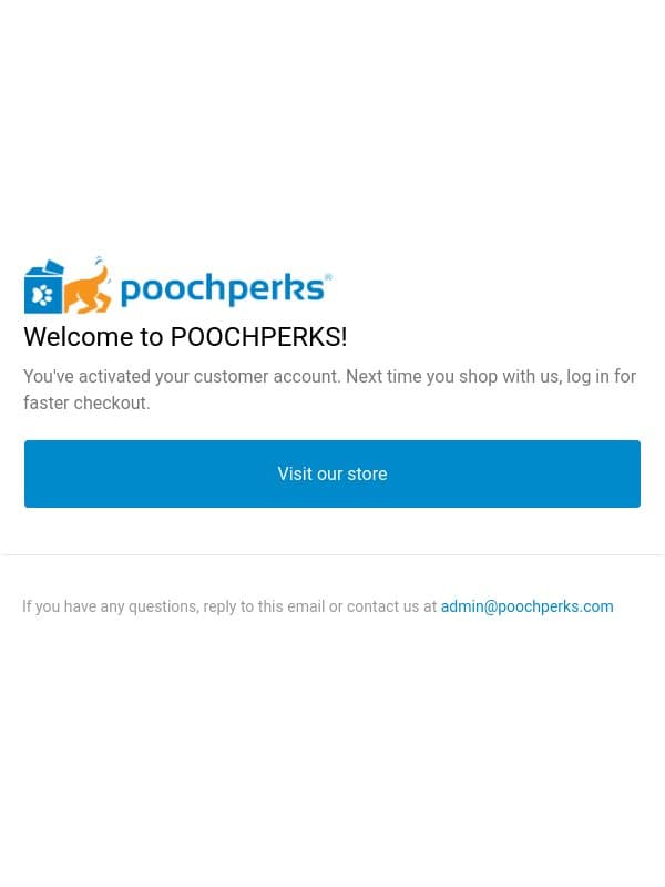 Customer account confirmation email from PoochPerks screenshot