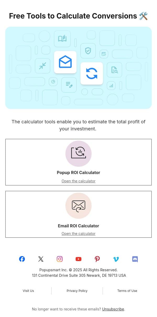 Calculate Your Popup & Email ROI đź’¸ (Free Calculation Tool) email from Popupsmart Popup Builder screenshot
